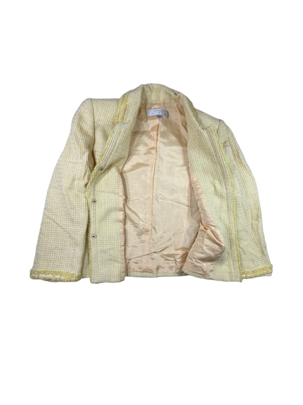 Tahari Arthur S Levine Yellow Tweed Skirt Suit Size 8 Fringe Trim 2 Piece - Picture 15 of 15